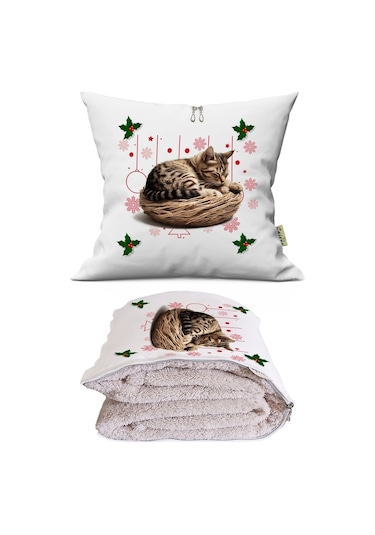 Yeniyıl Sevimli Kedicik Baskılı Dekoratif Yastık Kırlent Opsiyonel Battaniye 2 İn 1