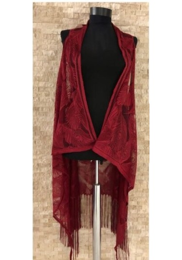 Pareo Dantel Yelek Mayo Bikini Üzeri Yaprak Desenli Püsküllü Plaj Çok Renkli