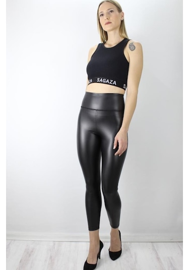 Deri Görünümlü Siyah Tayt Siyah