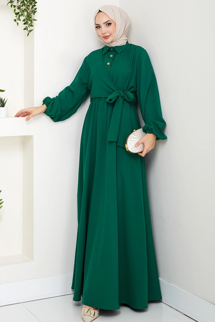 Çapraz Bağlamalı Gömlek Yaka Elbise 1636 - Zümrüt Yeşili Zümrüt Yeşili