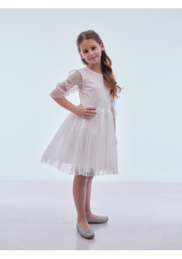 Ahengim Kız Çocuk Yıldız Baskılı Trend Tül Elbise Ak2246 Beyaz