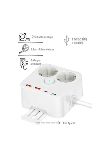 2'li Priz Yüksek Akım Korumalı 3680 Watt / 2xusb Girişi / 2xtype- Diğer