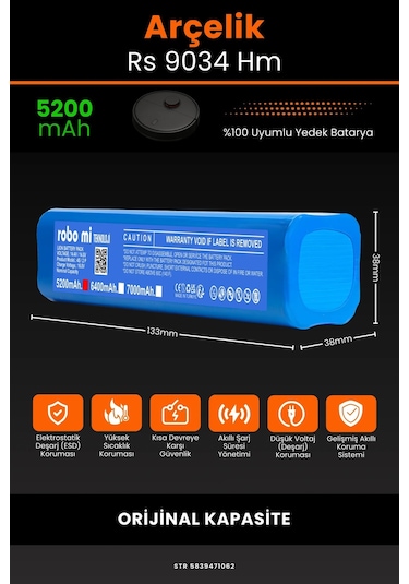 Arçelik Uyumlu RS 9034 5200mAh Robot Süpürge Bataryası