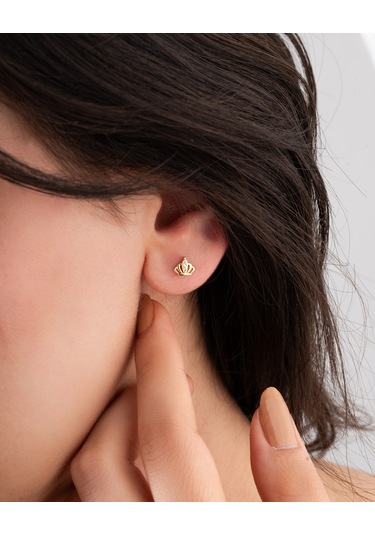 Roza Silver 925 Ayar Gold Zirkon Taşlı Minimal Taç Çivili Gümüş Küpe Re10218