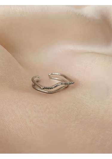 İki Sıralı Dalgalı Model Zirkon Taşlı Ayarlanabilir Gold Altın Renkli Yüzük Silver
