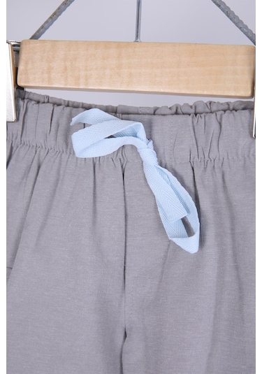 Babyhola 3'lü Tişört Keten Şort Şapka Erkek Bebek Çocuk Bayramlık Alt Üst Takım Elbise 02101 Mavi