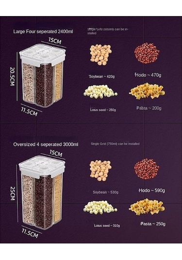 Pazly Çok Fonksiyonlu Tahıl Kutuları 3000ml - Bölümlü, Mutfak Organizatörü Kaba Taneler Mühürlü Kavanozlar - Modern Minimalist Plastik Diğer