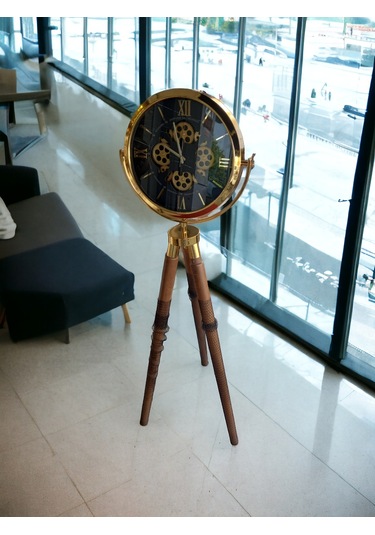 Çarklı Gold Metal 3d Ahşap Ayaklı Seyyar Ofis Salon Otel Saati Altın