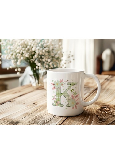 K Harfli Çiçek Desenli Kupa Bardak - Ekose Desenli Yeşil Pembe Desenli Tasarım - Kişiye Özel Hediye Beyaz