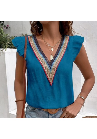 Yaz V Yaka Dantel Kelebek Kollu Kadın Bluz Zarif Rahat Kadın Beyaz Gömlek Moda Zarif Kolsuz Blusas Tops 25803 Orion Çok Renkli