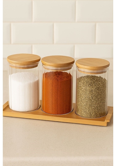 Qerhome Borosilikat Cam Bambu Stantlı Ve Bambu Kapaklı Optik Çizgili Baharatlık Seti 430 Ml Alg11520 Beyaz