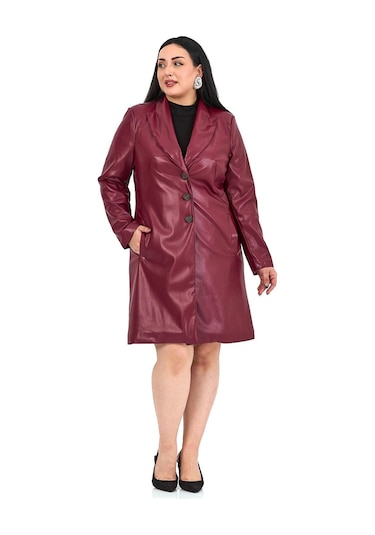 Büyük Beden Cepli Düğme Kapamalı Astarlı Suni Deri Bordo Kaban Bordo