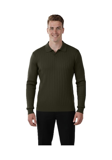 Deepsea Erkek Haki Polo Yaka Fitilli Triko Kazak %100 Pamuk, Esnek Dokulu, Modern Kalıp 2605305 Haki