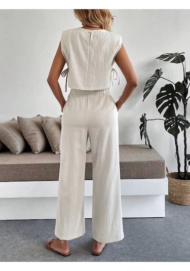 Biçomi Yan Bağlama Detaylı Pantolonlu Takım Bej Bej Biçomi Yan Bağlama Detaylı Pantolonlu Takım Bej Bej