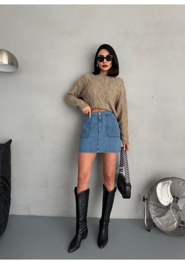 Kadın Mavi Denim Mini Etek Mavi