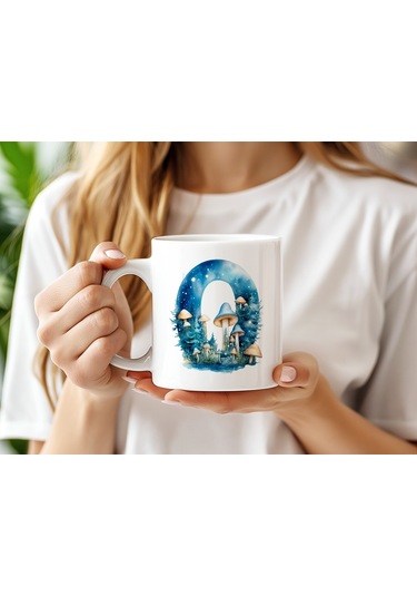 O Baş Harfi Fantastik Mantarlı Kupa Bardak - Kişiye Özel Masalsı Bardak - Hediye Beyaz