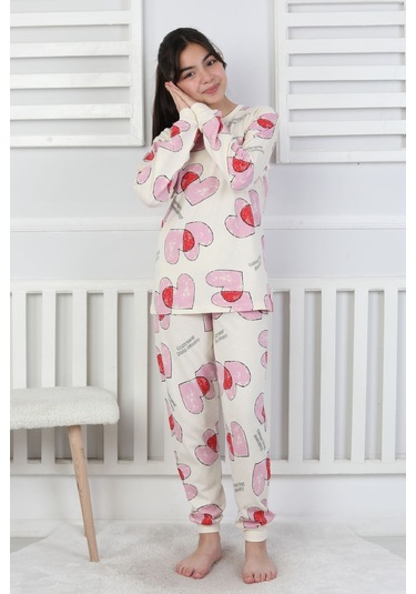 Tangled Hearts Desenli Kız Çocuk Pijama Takımı 8-13 Ekru