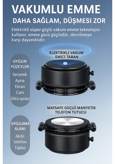 Vakumlu Elektrikli 3 Hareketli Araç Tutacağı 360 Derece Siyah
