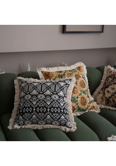 Skycity Amerikan Stili Floral Desenli Kumaş Yastık Kılıfı - Koltuk, Yatak, Araba İçin 60x60 Cm - Kahve Resimli Beyaz Süet Detaylı, Yumuşak Kumaş, İç Dolgu Yok Kahverengi