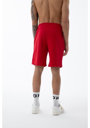 Erkek Kırmızı Yüksek Kalite Relax-fit Rahat Kesim %100 Pamuk Bağcıklı Siyah Düz Basic Şort Kırmızı