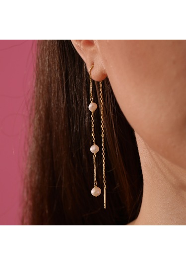 Queen Silver Jewelry 925 Ayar Gümüş. İnci Örme Sallantılı Japon Küpe Altın