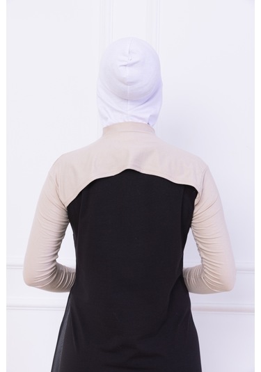 Balıkçı Yaka Boyunluklu Kolluk Bej - Likralı Dik Yakalı Kadın Body Tesettür Crop Bolero Bej