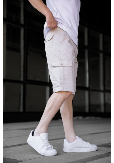 Taş Renk Kargo Cepli Gabardin Erkek Şort-1803 Taş