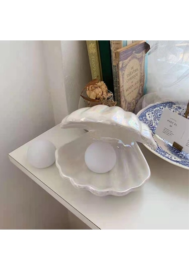 Yeiuyi7 Yaratıcı Kabuk Seramik Gece Lambası Yatak Odası Başucu İnci Gece Lambası Beyaz