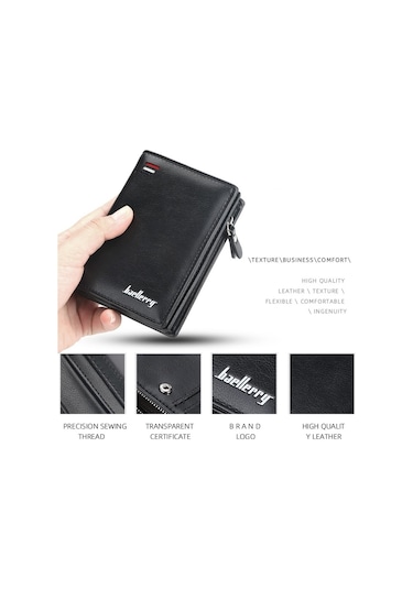 Baellerry D3216 Erkek Kısa Dikey Çoklu Kart Çıtçıt Bozuk Para Cüzdanı Siyah