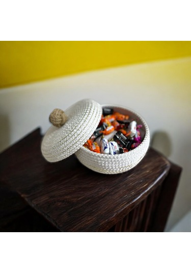 Hasır Sepet, Kapaklı Dekoratif Sepet, Çok Amaçlı Kutu, Ekru Şekerlik Sepeti