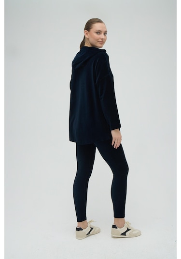 Kadın Uzun Kol Kapüşonlu Kadife Taytlı Lacivert Eşofman Takım C0t2n0o12 001