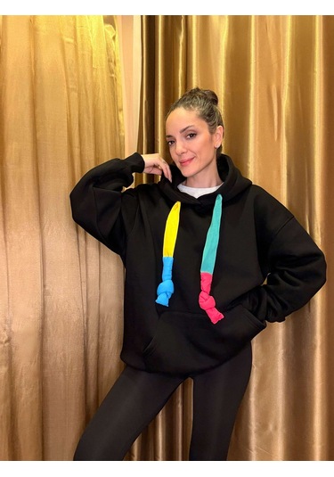Ali Butik Renkli Kordon Detaylı Siyah Sweatshirt Siyah