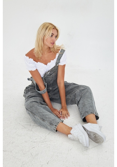 Antrasit Ayarlanabilir Askılı Cepli Oversize Kesim Denim Salopet Antrasit