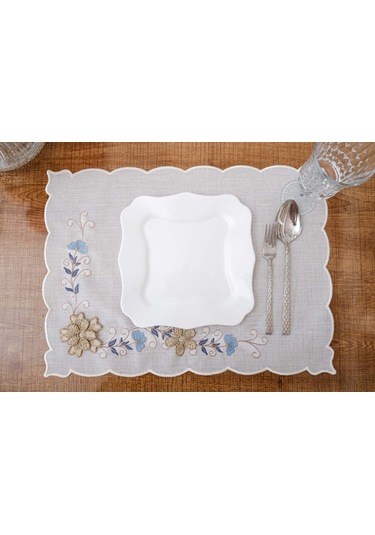 Finezza Linda Nakışlı Keten Efekt Kumaş Krem Mavi A.Servis 33x45 cm 4 Ad.-1400 Krem