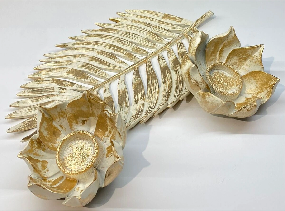Dekoratif Polyester İkili Çınar Yaprak Mumluk Krem Gold Eskitme
