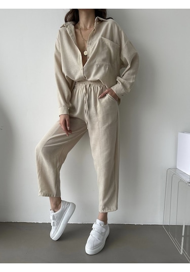 Kadın Oversize Keten Gömlek Pantolon Alt Üst Takım Taş