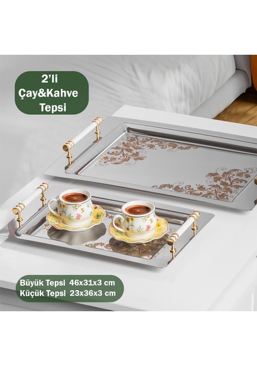 Porsima Yüzük 2li Paslanmaz Çelik Gümüş Kahve Sunum Tepsisi