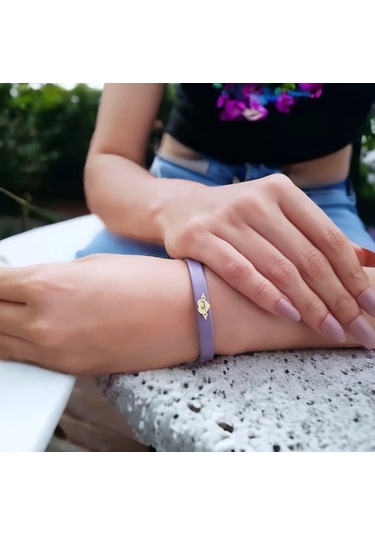 Archin İpek İsmine Özel Kalp Motifli 14 Ayar Altın Plakalı Doğal Mor Derili Hediye Bileklik-479isim İpek