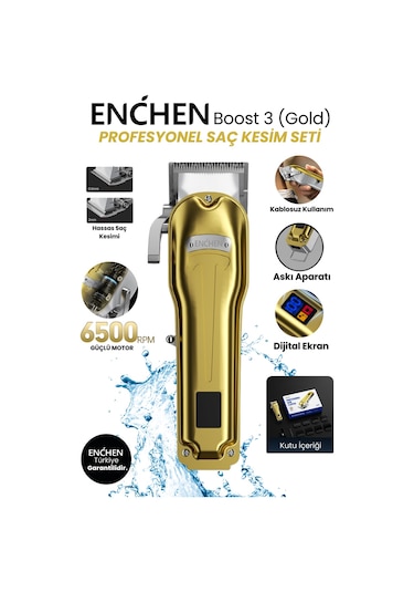Enchen Boost 3 Gold Ayarlanabilir Başlıklı Dijital Göstergeli Şarjlı Profesyonel Saç Kesim Makinesi