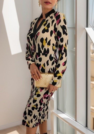 Kadın Uzun Kollu V Yaka Puantiyeli Krep Midi Boy Elbise Leopar