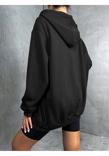 Adrift Unisex Renkli Oversize Kapüşonlu Fermuarlı Hırka Siyah