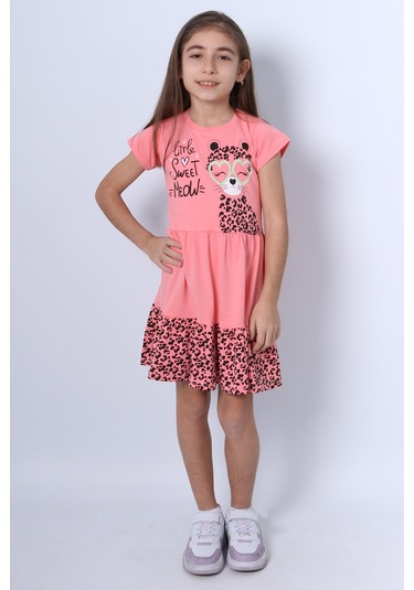 Kız Çocuk Elbise Fırfırlı Kedicik Baskılı C13 Pembe