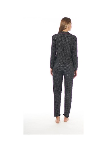 Estiva Puantiye Desen Boydan Düğmeli Süet Bayan Pijama Takım Siyah