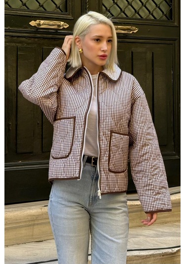 Kahverengi Pötikareli Cepli Kadın Mont Mg2488 Kahverengi