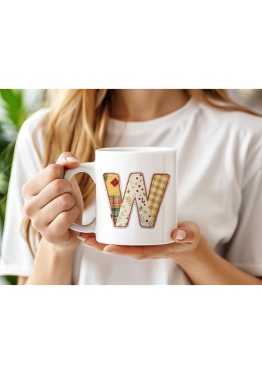 W Harfi Sonbahar Kış Temalı Yamalı Tasarım Kupa Bardak - Etnik Ve Pathwork Severlere Özel Hediye Beyaz