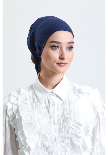 Lacivert Arkadan Bağlamalı Tesettür Bone Penye Kumaş Düz Bone 1011 02 Lacivert