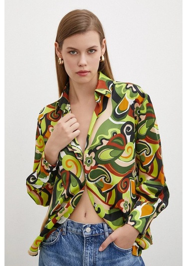 Kadın Uzun Kol Çiçek Desenli Renkli Pamuk Saten Premium Kalite Spor Şık Gömlek Yeşil