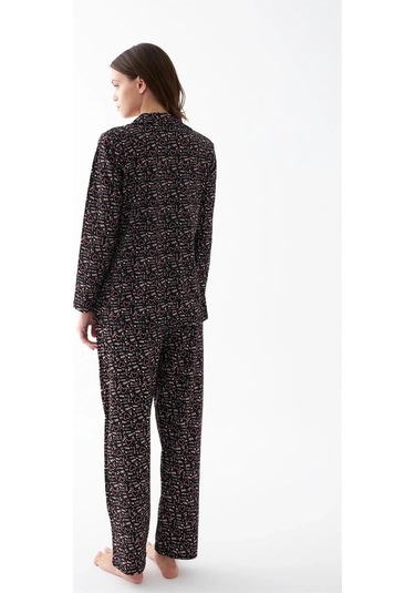 Giyim Kadın Siyah Düğmeli Kalp Desenli Pamuklu Pijama Takımı Siyah