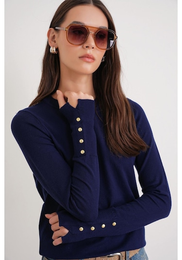 6736 Kadın Bisiklet Yaka Kolu Droplu Triko Kazak Lacivert Lacivert