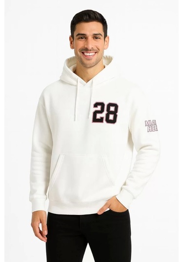 Üç İplik Kapüşonlu Ön Ve Arka Baskılı Sweatshirt Hoodie - Beyaz Beyaz